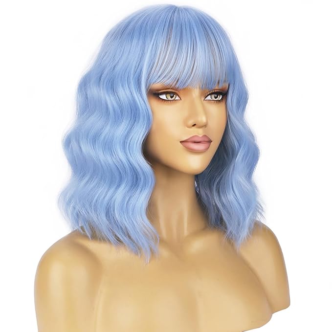BERON 14 Inches Light Blue Wig for Women Short Curly Wig Synthetic Blue Wigs with Bangs Lake Blue Wigs with Hairnet
