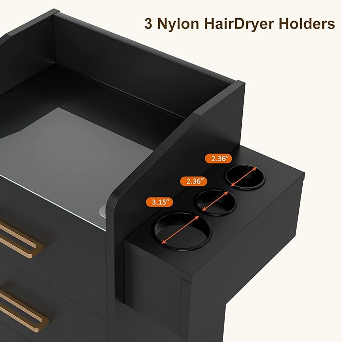 Salon Storage Trolley Cart with with Lockable Wheels, Beauty Rolling Hair Cart with Drawers& Dryer Holder, Salon Stations Cabinet for Beauty Spa Barbershop (Black)