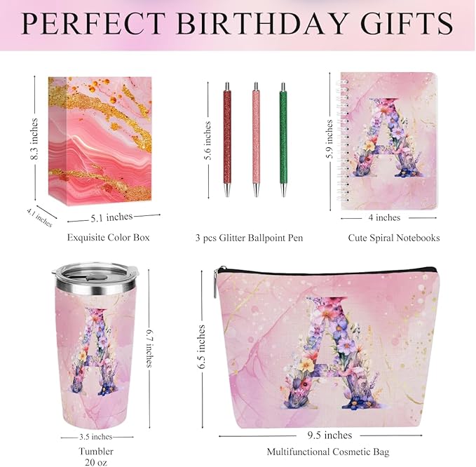Personalized Gifts Monogrammed Birthday Gifts for Women, Bridesmaid Bachelorette Party Wedding Christmas Initial 20 oz Tumbler, Makeup Bag Pens Journal Notebook 6 Set, (Aesthetic Pink Flower A)