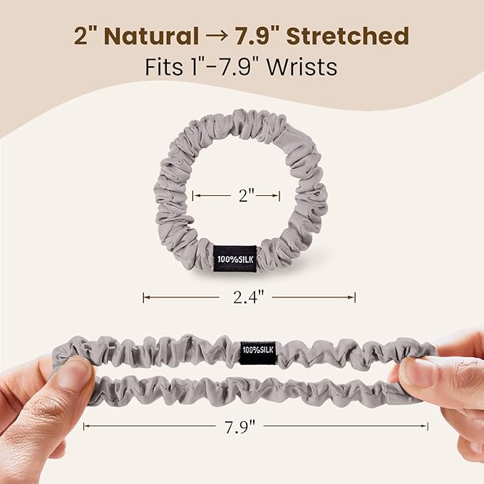 THXSILK 100% Mulberry Silk Scrunchies 3-Pack, 25 Momme Mulberry Silk Hair Ties for Women, Sleek Low Profile No Damage Ponytail Holders, for Fine Hair & Everyday Use, Grey
