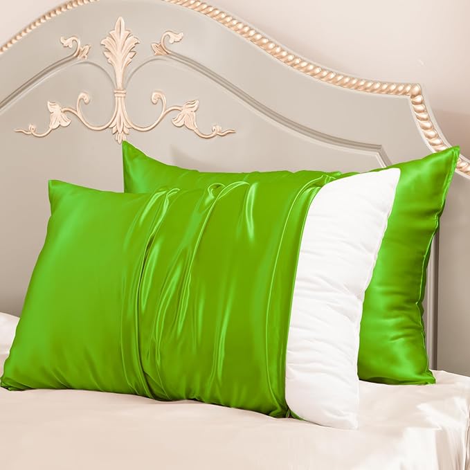 PROMEED 23 Momme Silk Pillowcases 2pcs Set Queen, Mulberry Silk Pillow Case Set of 2, Ultra Soft Silk Pillowcase for Hair and Skin (Queen 20"x30", Green)