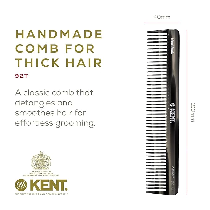 Kent 92T Black Graphite Wide Tooth Women’s Detangler Comb for Curly, Wavy, and Thick Hair – Ideal for Use on Wet Hair – Gentle, Shower Comb for – Anti-Static, Smooth - Styling Tool by Kent