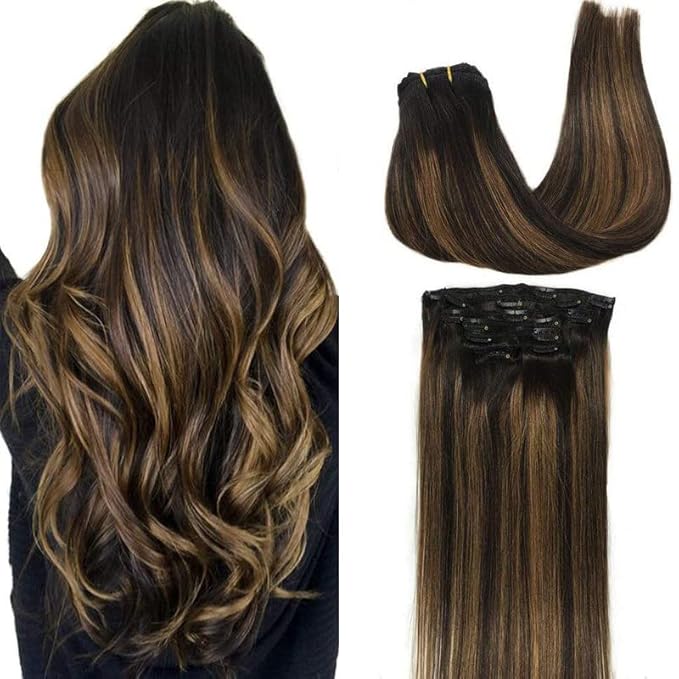 GOO GOO Clip in Hair Extensions Real Human Hair, Remy Human Hair Extensions Clip ins for Women, Natural Human Hair, 26inch 135g 7Pcs, 1B/6/1B Balayage Natural Black to Chestnut Brown
