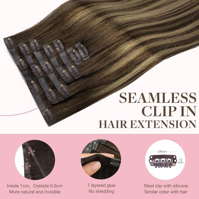 GOO GOO Clip in Hair Extensions Real Human Hair, Remy Human Hair Extensions Clip ins for Women, Natural Human Hair, 16inch 110g 7Pcs, 4/27/4 Balayage Chocolate Brown to Caramel Blonde