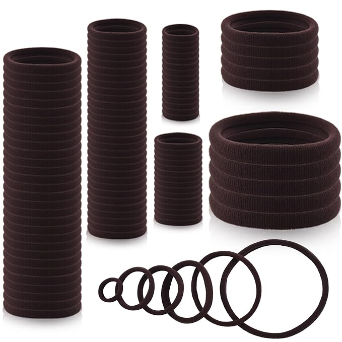 100PCS Various Sizes Brown Hair Ties for Women, Elastics Hair Ties No Damage Ponytail Holder for Thick/Thin Hair Accessories, Soft Cotton Cloth Seamless Hair Bands