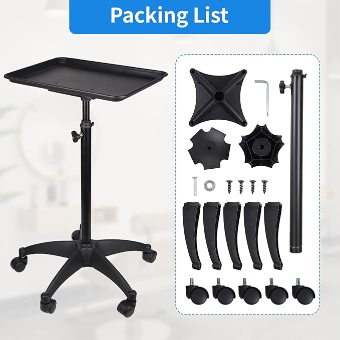Rolling Salon Tray, Adjustable Salon Tray on Wheels, Premium Aluminum Tattoo Tray Cart for Spa Clinic, Black