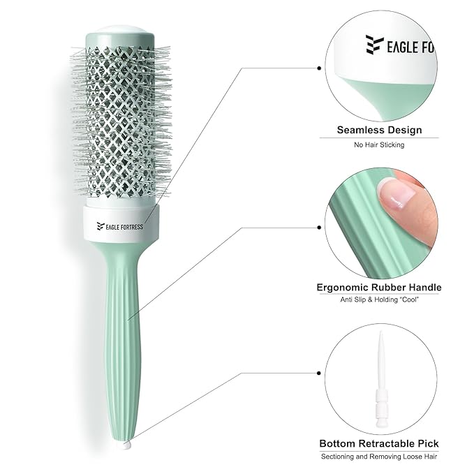 Eagle Fortress Round Brush for Blow Out, Thermal Ceramic Hair Brush for Blow Drying with Ionic Bristle for Professional Blowout Brushing - Green, 43mm