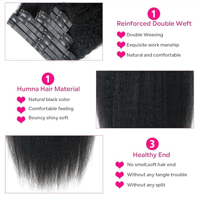 Seamless Kinky Straight Clip in Hair Extensions for Black Women Brazilian Virgin Human Hair Extensions 8Pcs Seamless Clip ins Human Hair with 18Clips Invisible PU Skin Weft 120g 24inch Natural Black