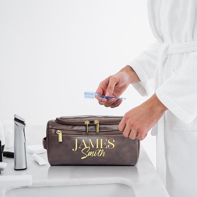 Personalized Toiletry Bag for Men, Engraved Name Initials Toiletry Bag, Customized Monogram Travel Shaving Dopp Kit for Groomsmen, Gift for Christmas, Birthday, Dad, Husband (Dark Brown)