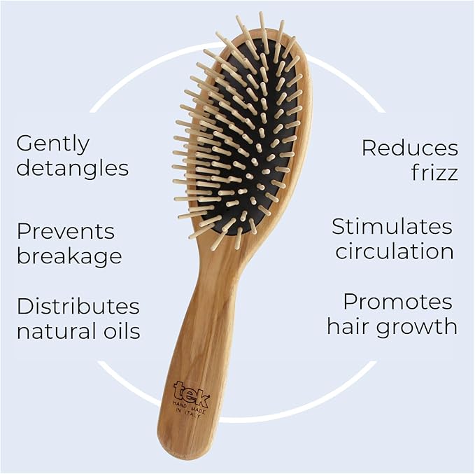 TEK – Large Oval Wooden Brush with Short Pins – Handmade in Italy with Sustainable and Vegan Materials – Safe for All Hair Types Wet or Dry – Gentle Detangler & Anti-Static Properties