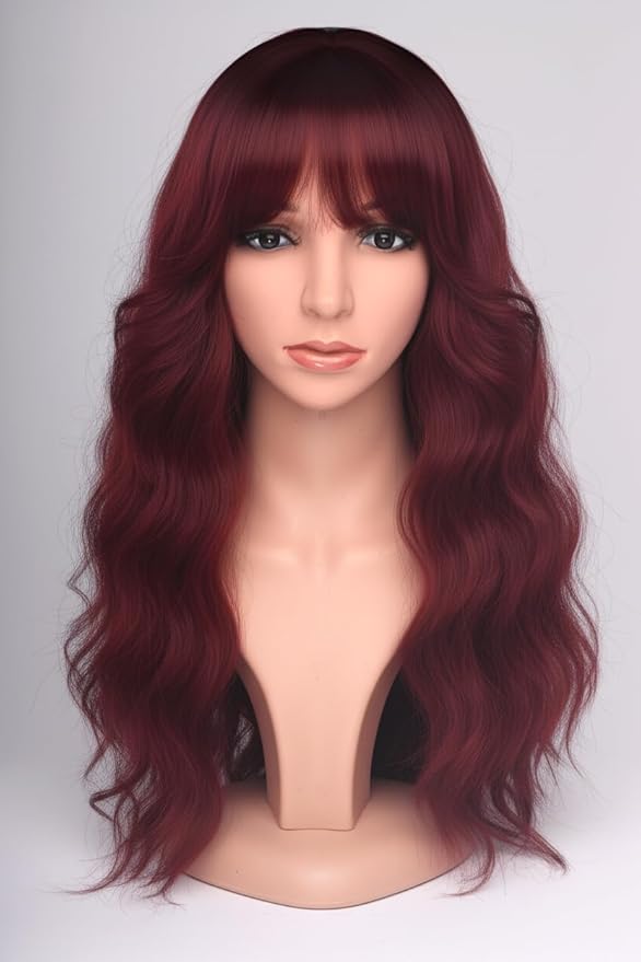 24 Inch Burgundy Wavy Wig with Bangs, Heat Resistant Synthetic Hair for Women, Adjustable Cap with Snap Clips for Daily Use, Wedding, Cosplay