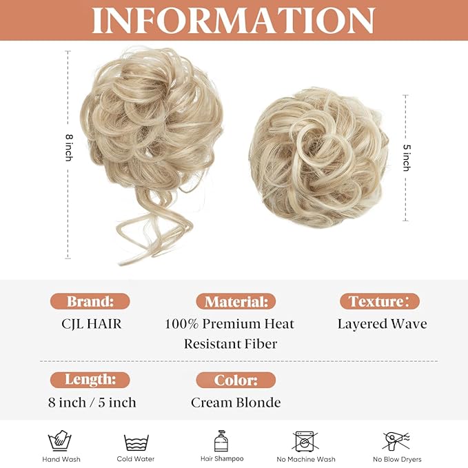 CJL HAIR 2PCS Messy Bun Hair Pieces Wavy Curly Synthetic Updo Chignon Fake Scrunchies Ponytail Extension for Women Cream Blonde