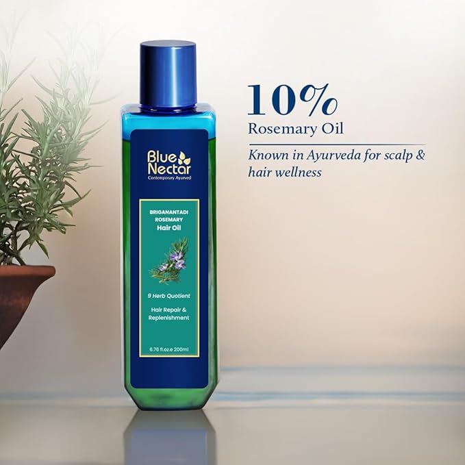 Blue Nectar Rosemary Oil with Bhringraj, Amla and 9 Herbs for Natural Hair Growth (6.76 Fl Oz)