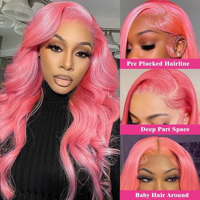 Pink Lace Front Wig Human Hair 200 Density 13x4 Wig Body Wave Colored 28 Inch 12A Hd Lace Wigs For Women Pre Plucked Colored Pink Wig