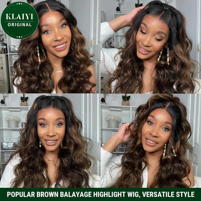 KLAIYI Bye Bye Knots Glueless Wig Ombre Brown Body Wave Pre Cut 7x5 Lace Front Wigs Human Hair Pre Plucked Pre Bleached Pre Everything Wear and Go Wig 12A Highlight Balayage 30S Ready To Go 26Inch