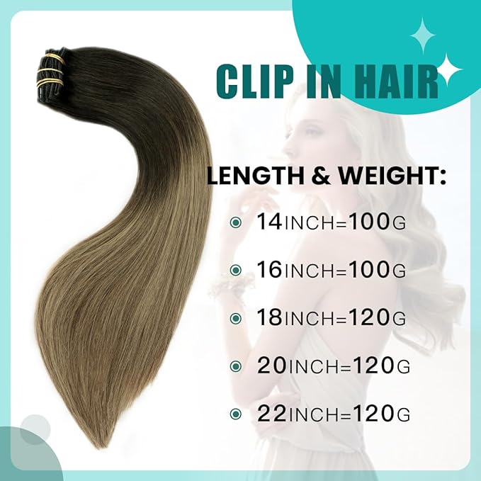 SURNEL Clip in Extensions Human Hair Natural Black to Chocolate Brown and Caramel Blonde Clip in Hair Extensions 18inch 6pcs 120g(#1B/4/27,18'')