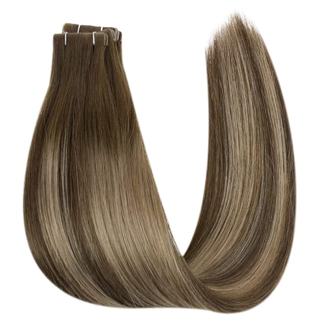 Full Shine Virgin Tape in Hair Extensions Human Hair 5Pcs Color 4/27/4 Balayage Invisible Tape in Extensions 22 Inch Remy Injection Tapes in Human Hair for Women 12.5 Gram Hair Extensions