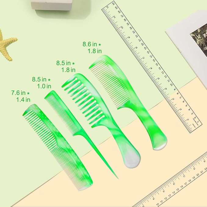 Hair Comb Set - Green, Wide-Tooth, Fine-Tooth, Rat Tail, and Dual Comb for Men and Women