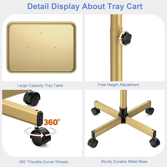 Salon Tray Cart, Salon Rolling Tray Adjustable Height, Tattoo Tray, SPA Rolling Trolley Tray for Beauty Hairstylist Dental Clinic,Champagne Gold