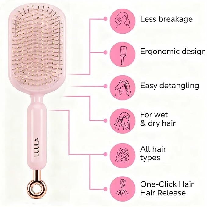 Retractable Cushion Massage Comb for Wet & Dry Hair, Anti-Static Self Cleaning Hair Brush for All Hair Types, Soft Bristles, Easy Eliminates Knots, Detangling Hairbrush for Women Men (Pink + Blue)