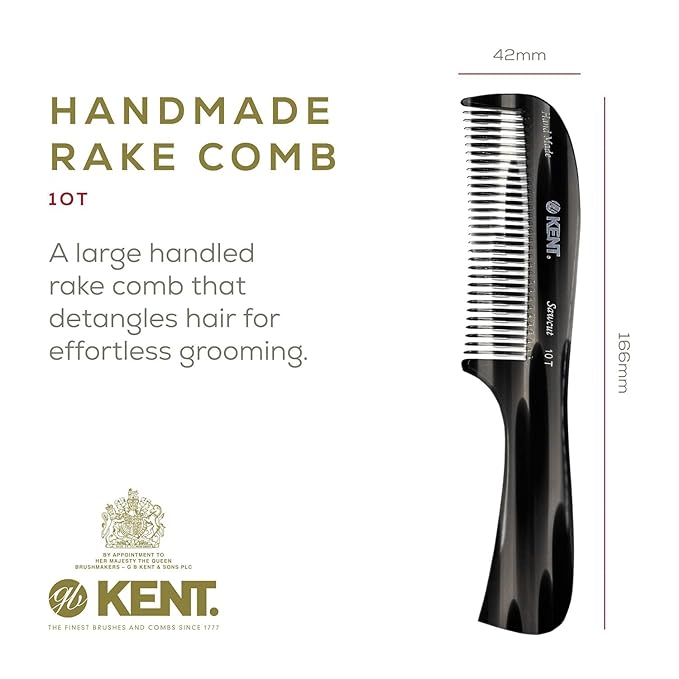 Kent 10T Graphite Large Detangler Comb, Handmade Wide Tooth Comb for Curly and Thick Hair, Detangling Combs For Wet and Dry Hair, Saw-Cut and Hand Polished Handmade in England