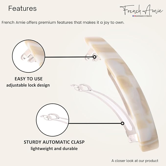 French Amie Oblong Handmade 3.5" Celluloid Automatic Hair Clip Barrette Hair Clip for Girls Strong Hold Hair Clips for Women No Slip Durable Paris Hair Accessories, Made in France (Cream Nouget)