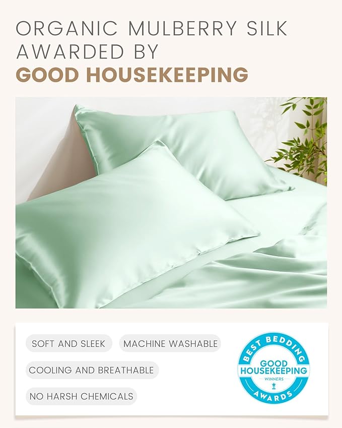 THXSILK Set of 2 100% Mulberry Silk Pillowcase for Hair and Skin Health, Soft Breathable and Smooth Pillowcases with Hidden Zipper, Both Sides Premium Grade 6A+ Silk, Standard 20"x26", Turquoise Green