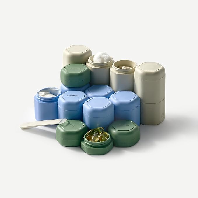 Cadence Travel Containers - Daily Routine Capsule Set - Magnetic Containers with Lids,4 Flex Mediums (1.32oz) & 3 Flex Smalls (0.56oz) - Shampoo, Conditioner, Body Wash, Pills, & More - Eucalyptus