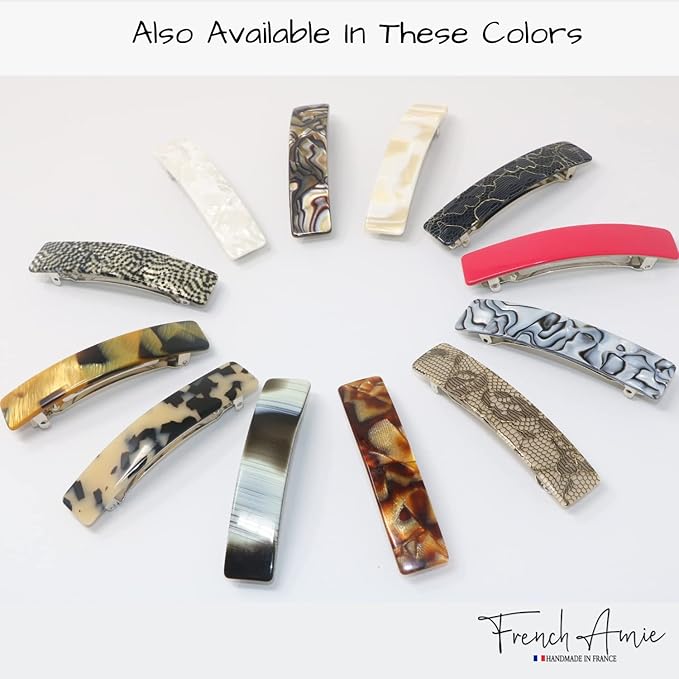 French Amie Oblong Black Net Large 3 1/2" Handmade Celluloid Made in France Automatic Strong Grip Hair Barrette for Women and Girls (Black Net)