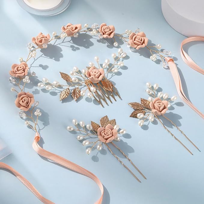 Wedding Hair Accessories Hair pieces Set Crystal bridal hair pins Rhinestone Pearl hair comb Brides and Bridesmaids, Girls, Women(（4PCS/SET PINK)