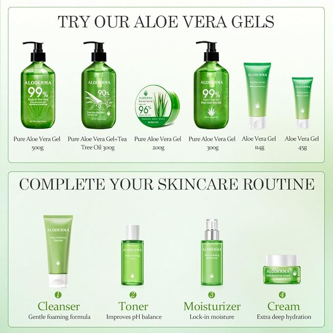 Aloderma 99% Organic Aloe Vera Gel Made within 12 Hours of Harvest, Easy Travel Size Tube for Body, Face, & Scalp, Cooling, Soothing Instant Relief for Skin & Sunburn, Hydrating Aloe Gel, 1.5oz