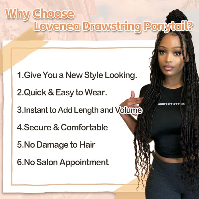 Drawstring Ponytail for Women 18 inch Boho Box Braids with Long Wavy Hair Clip in Ponytail Extension Synthetic Hair Extensions Ponytail for Daily Use (1B#, 18 Inch)