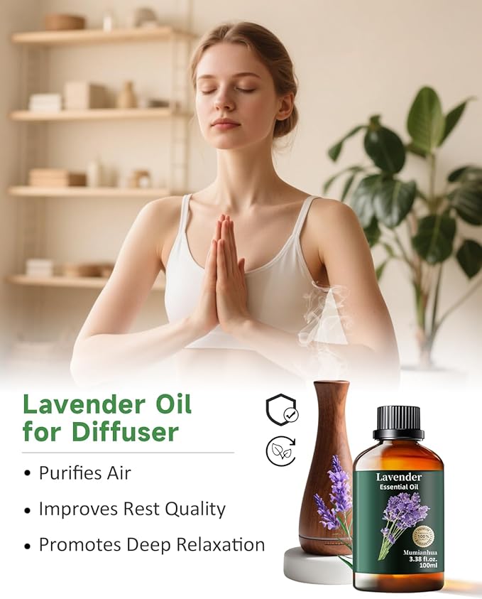 Pure Lavender Essential Oil, Mumianhua Natural Lavender Oil for Bedroom Tranquility & Outdoor Freshness, Aromatherapy for Evening Wind-Down, Laundry, Skin & Hair Care,Candle Making 3.38 Fl Oz