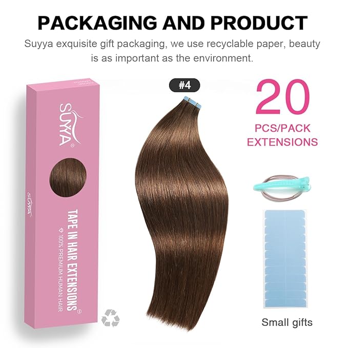 SUYYA Tape in Hair Extensions Human Hair Chocolate Brown 100% Real Human Hair 20pcs 40g/pack Straight Seamless Skin Weft Remy Tape Hair Extensions(12 inches #4 Dark Brown)