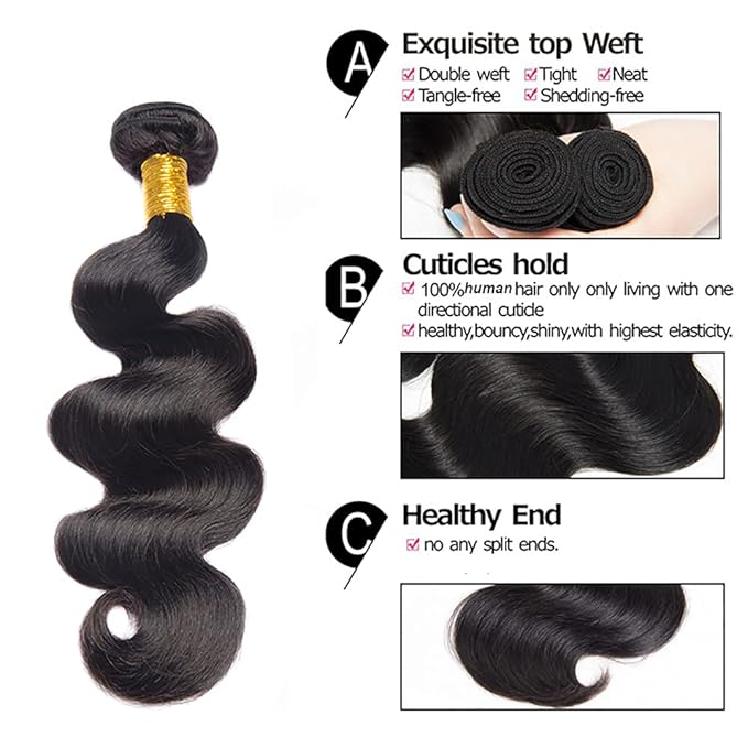 Bundles Human Hair Natural Black Body Wave Bundle Niegmeag Virgin Soft and Silky Remy Hair 3 Bundles 14 16 18 Inch Double Weft Color 1B Body Wave Bundle Hair Weave