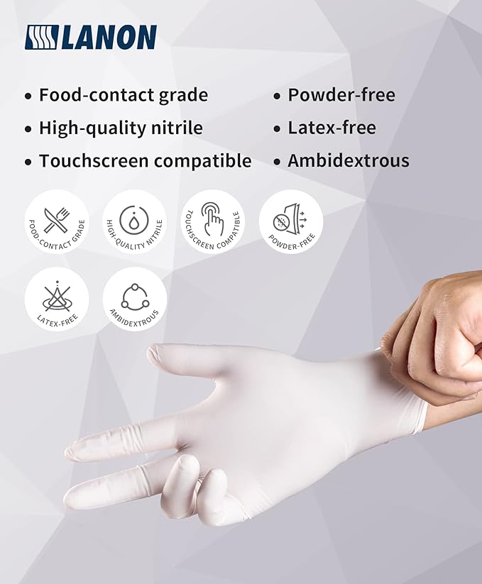 LANON Food Safe White Disposable Nitrile Gloves, Latex-Free, Powder-Free, Textured Fingertips, Cooking, Cleaning, Case, Medium