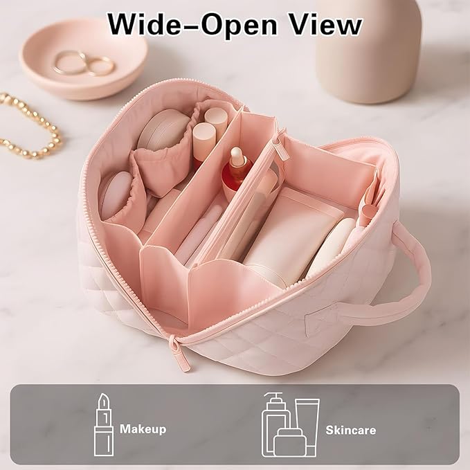 Cosmetic Bag for Travel, Large Capacity Pouch Purse Organizer, Waterproof Puffy Padded Make Up Toiletry Bag for Women (Black)
