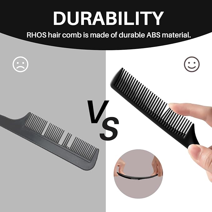 RHOS Rat Tail Combs for Parting, Fine Tooth Teasing Comb with Pick, 2 Pack Hair Styling Combs Set for Women and Men, Black, ABS Material