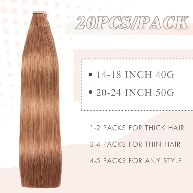 Tape in Hair Extensions Human Hair, Light Brown Real Human Hair Extensions 20pcs Remy Straight Tape ins Invisible (30#, 20 Inch)