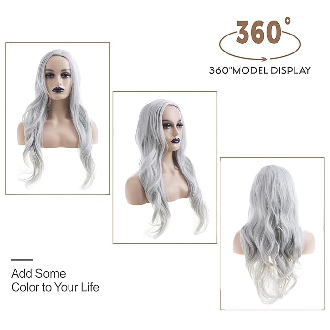 Baruisi Long Wavy Silver Grey Wigs for Women Side Part Natural Looking Cosplay Synthetic Fiber Wig Heat Resistant Replacement Wig