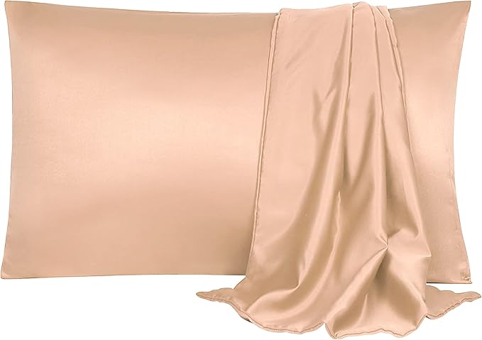 uxcell 2 Pack Silk Satin Pillowcase for Hair and Skin, Cool, Silky, Soft Breathable Pillow Cases Standard Size 20x26 Inch Sateen Pillowcase Champagne with Envelope Closure