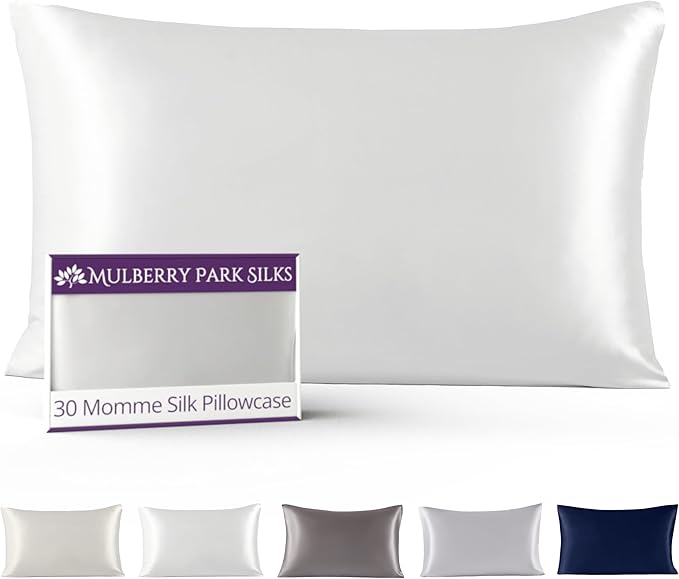 Mulberry Park 30 Momme 100% Pure Mulberry Silk Pillowcase - Luxury Charmeuse Weave for Hair and Skin, Cooling Silk Pillow Cover for Beauty Sleep - Standard Size 20"x26" / White