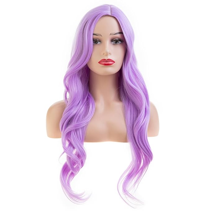 Baruisi Long Curly Wavy Purple Wigs for Women Side Part Natural Looking Cosplay Synthetic Heat Resistant Replacement Wig
