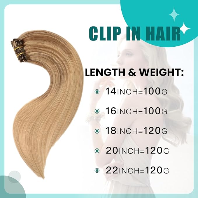 SURNEL Clip in Hair Extensions Balayage Golden Brown Fading to Honey Blonde Clip in Extensions Real Human Hair 16inch 6pcs 100g(#10/27/27,16'')