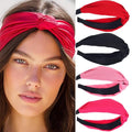 Wide Knotted Headbands, Non-Slip Hair Accessories for Women, 4-Pack (Black Red Hot Pink Blush)