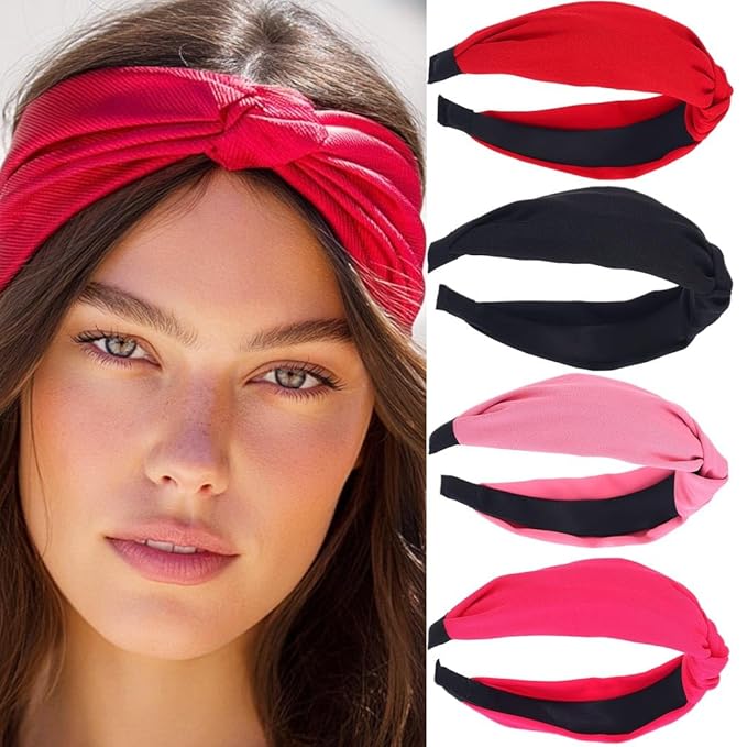 Wide Knotted Headbands, Non-Slip Hair Accessories for Women, 4-Pack (Black Red Hot Pink Blush)