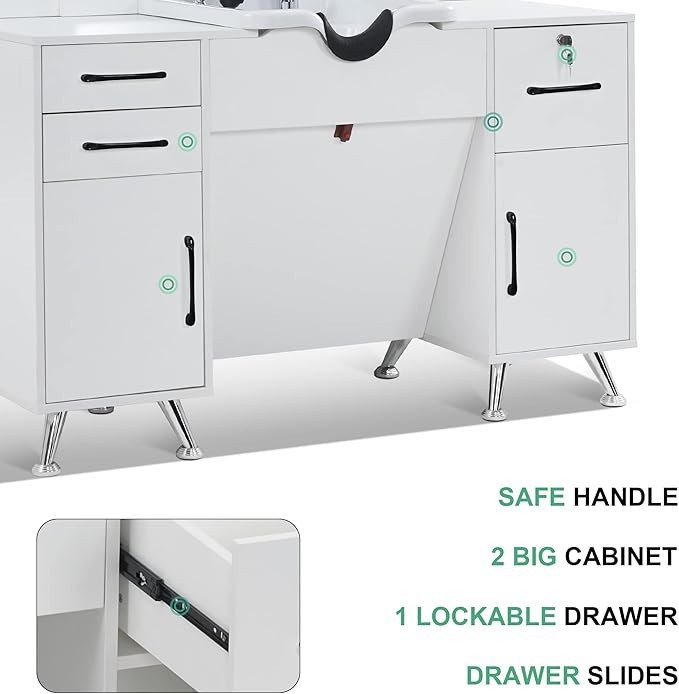 BarberPub Backwash Shampoo Bowl Cabinet, Wall Mount Station with Mirror, Storage Cabinet with Drawers & Shelf Salon Equipment for Barber Salon 3141 (White)
