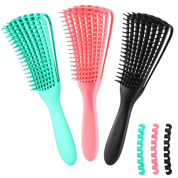 Detangling Brush for Afro American/African Women's Textured 3a to 4c Kinky Wavy/Curly/Coily Hair - Scalp Massaging Comb for Wet/Dry/Oily/Thick/Long Hair (3 pcs, 3-Green)
