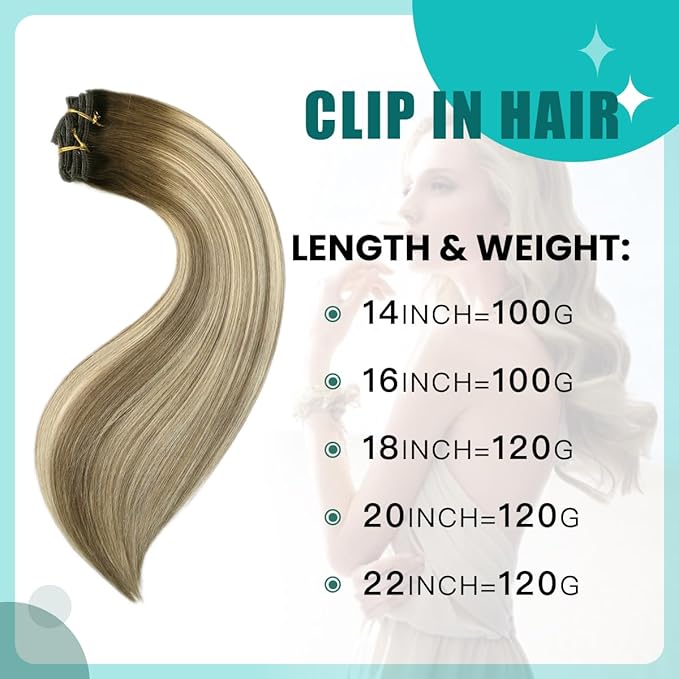SURNEL Clip in Hair Extensions Human Hair Balayage Walnut Brown to Ash Brown and Golden Blonde Clip in Hair Extensions 14inch 6pcs 100g (#3/8/22,14'')