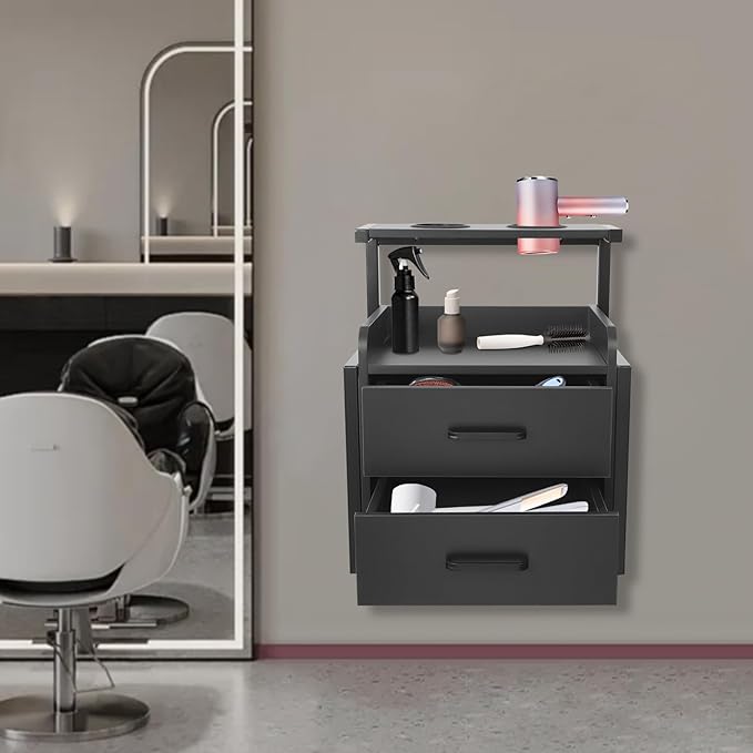 Suspended Salon Station for Hair Stylist, Wall Mounted Styling Salon Station Storage Cabinet w/2*Drawers &Hair Dryer Stand,Floating Nightstand Stylist Storage Cabinet for Home (Black)
